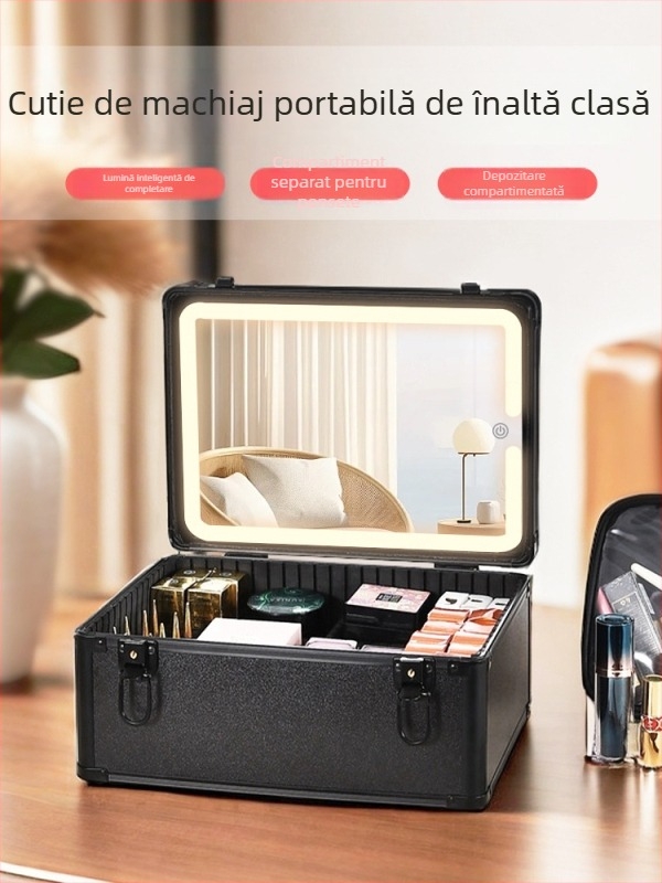 Cutie metalică pentru cosmetice cu lampă încorporată și oglindă, portabilă, cu lacăt, pentru uz casnic