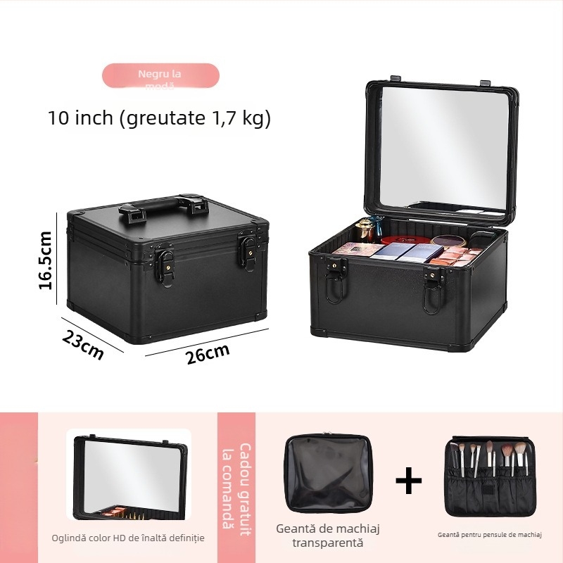 Cutie metalică pentru cosmetice cu lampă încorporată și oglindă, portabilă, cu lacăt, pentru uz casnic
