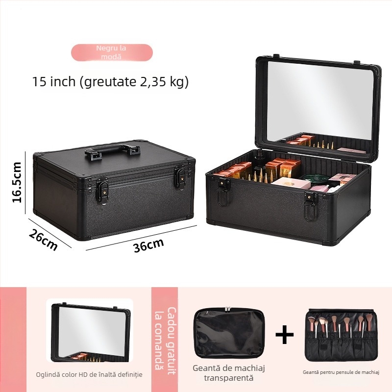 Cutie metalică pentru cosmetice cu lampă încorporată și oglindă, portabilă, cu lacăt, pentru uz casnic