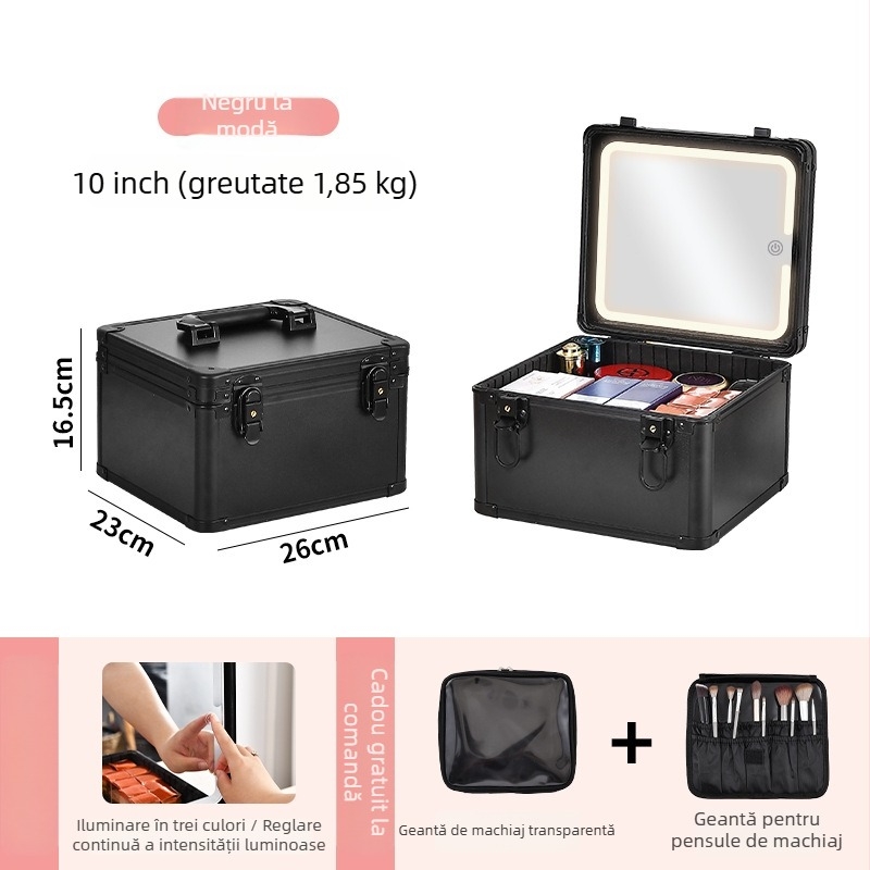 Cutie metalică pentru cosmetice cu lampă încorporată și oglindă, portabilă, cu lacăt, pentru uz casnic