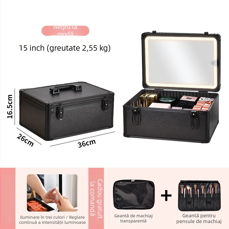 Cutie metalică pentru cosmetice cu lampă încorporată și oglindă, portabilă, cu lacăt, pentru uz casnic