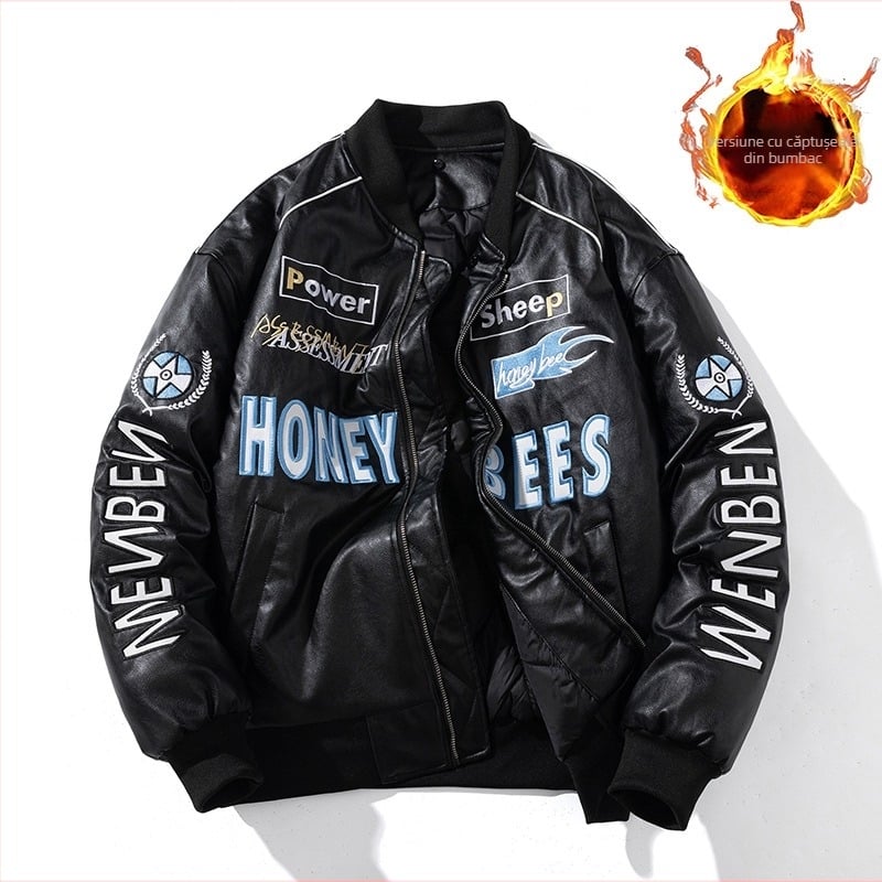 Geacă de motocicletă din piele PU pentru bărbați - căptușeală din bumbac, guler înalt, fermoar, lungime standard (PU piele; căptușeală din bumbac; guler înalt; fermoar; lungime standard)