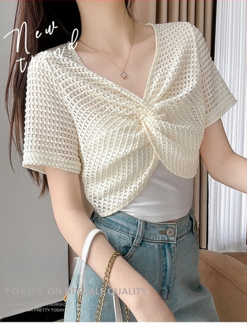 Bolero din dantelă, pulover scurt cu decolteu în V, mâneci 3/4, țesătură dantelă nylon-spandex, croială slim