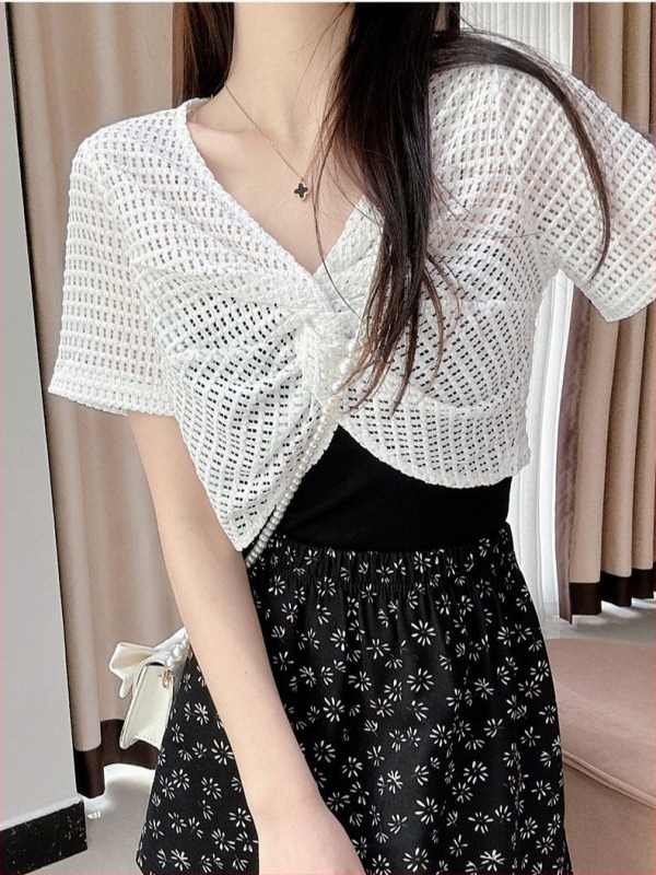 Bolero din dantelă, pulover scurt cu decolteu în V, mâneci 3/4, țesătură dantelă nylon-spandex, croială slim