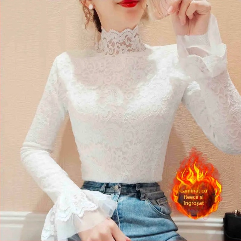 Top din dantelă și plasă, mâneci lungi bufante, guler semi-turtleneck, model floral, croială slim, 95% nylon