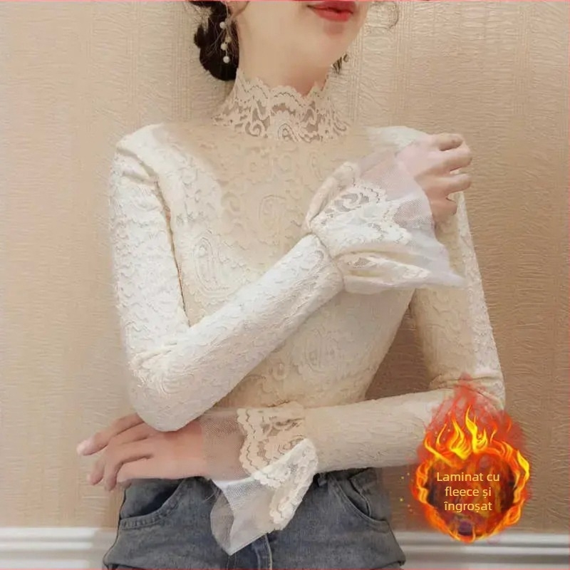 Top din dantelă și plasă, mâneci lungi bufante, guler semi-turtleneck, model floral, croială slim, 95% nylon