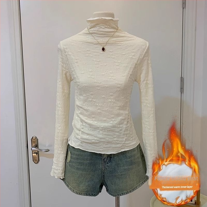 Top Chenille cu fleece, guler semi-turtleneck, mâneci prințesă, culoare solidă