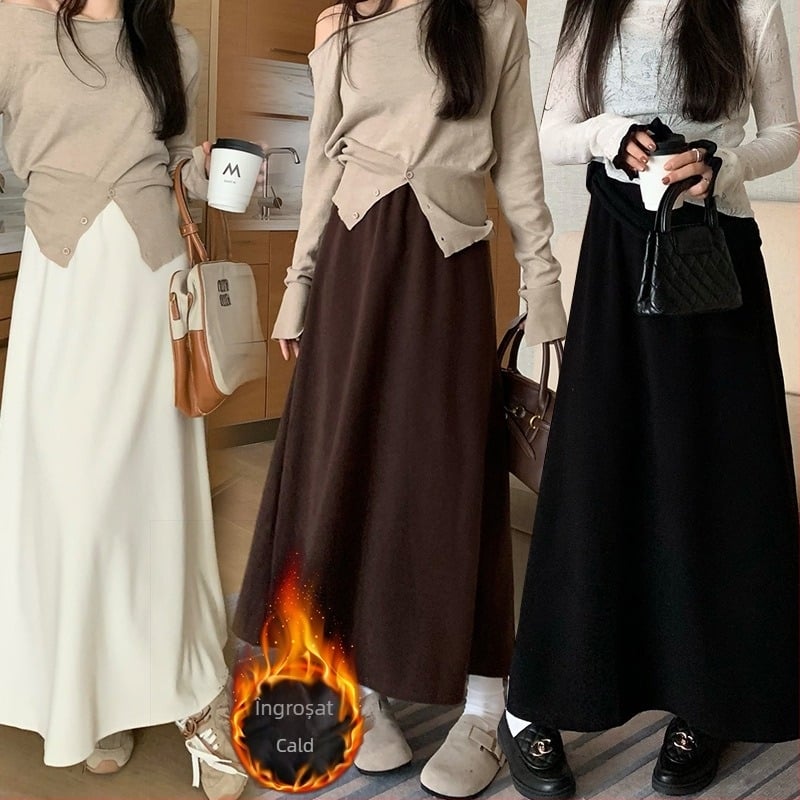 Fustă tricotată în linie A, fără guler, fără mâneci (Lungime medie; Amestec cașmir-poliester)