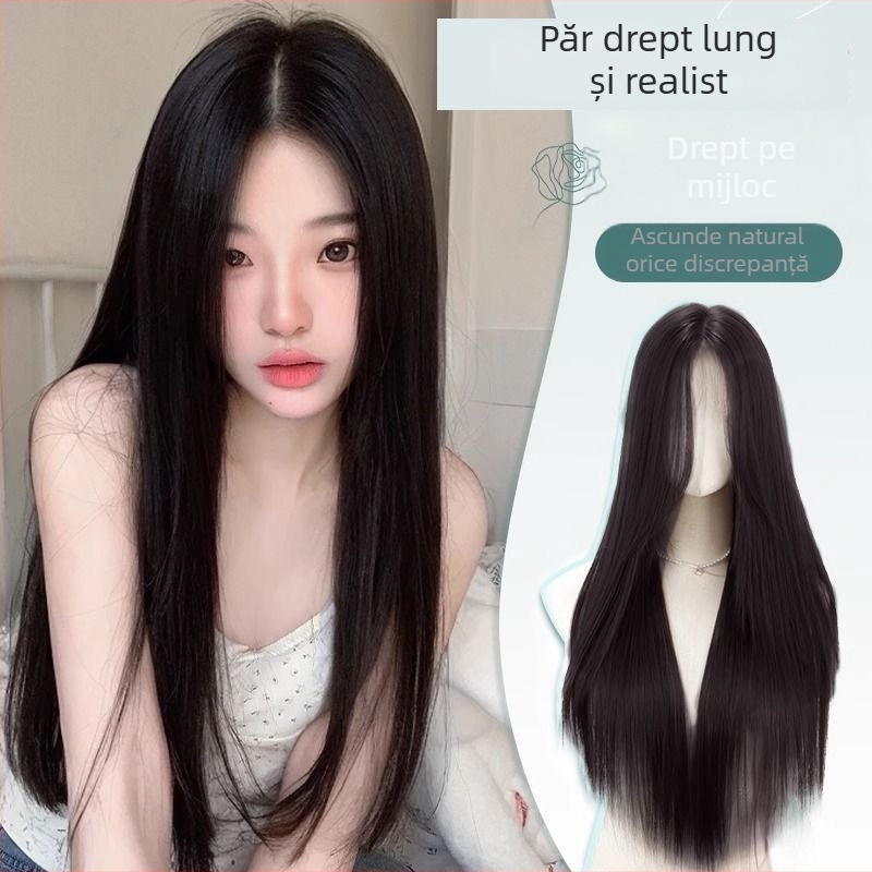 Perucă pentru femei, păr lung drept, stil natural, fire rezistente la căldură, breton cu parte mijlocie, Model 010