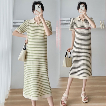 Rochie de maternitate cu guler polo, tricotată, fustă lungă cu panouri, pentru alăptare, mâneci 3/4