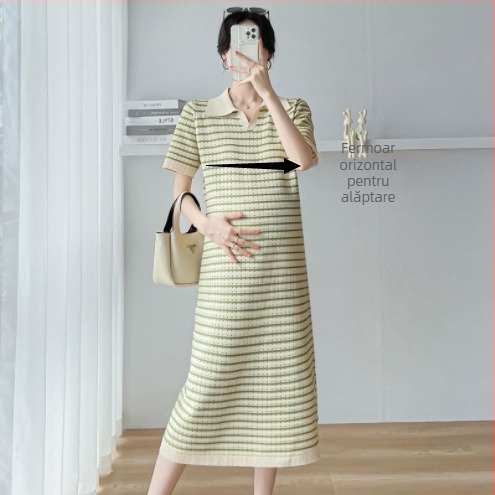 Rochie de maternitate cu guler polo, tricotată, fustă lungă cu panouri, pentru alăptare, mâneci 3/4