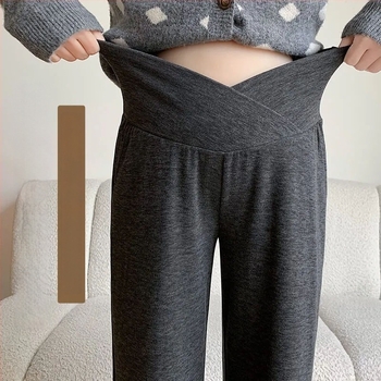 Pantalon de maternitate cu susținere a burții, țesătură Chenille, croială largă, stil casual lounge, amestec cu spandex