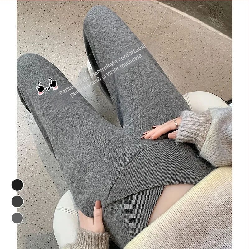 Pantalon de maternitate cu susținere a burții, țesătură Chenille, croială largă, stil casual lounge, amestec cu spandex