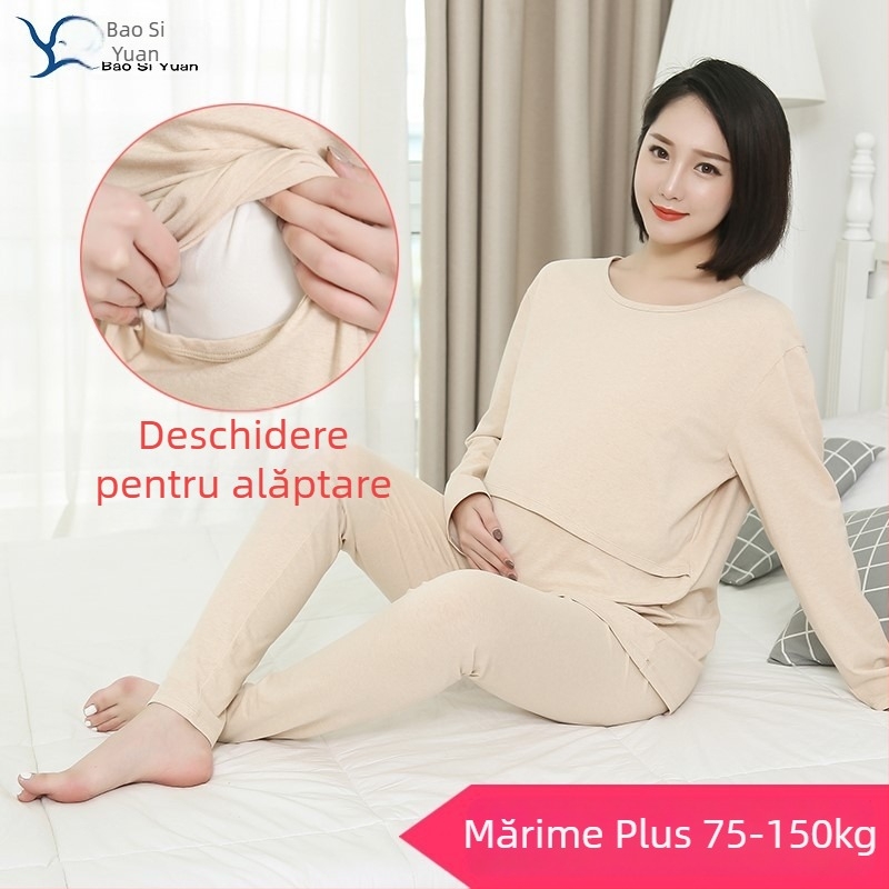 Set matern pentru alăptare: top și pantaloni, mâneci lungi, 95% bumbac, deschidere pentru alăptare, stil japonez-coreean casual
