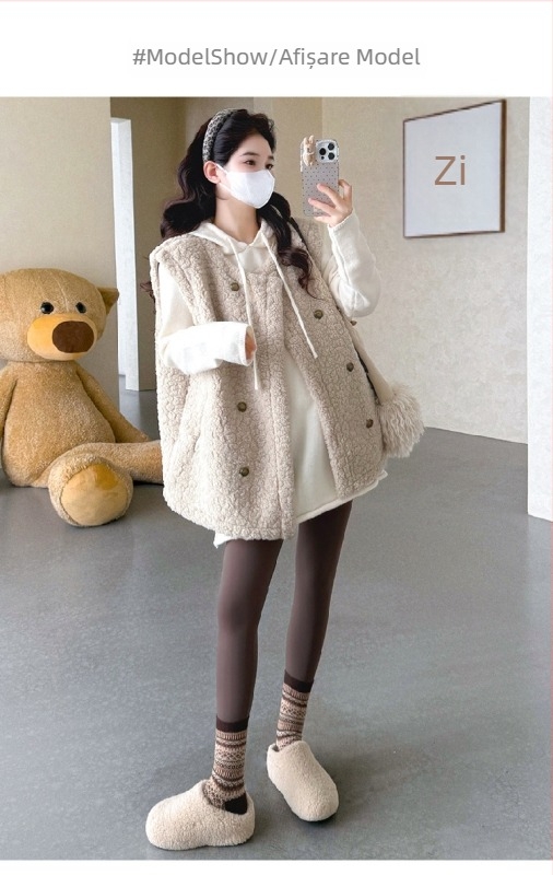 Set maternitate: pulover tricotat cu glugă și vestă, mâneci lungi, culoare solidă, amestec poliester-acril, fără călcare, stil lejer japonez-coreean, toamna 2025