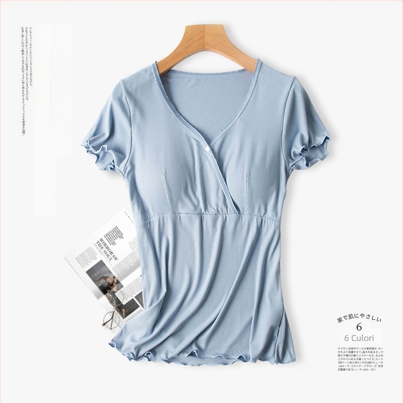 Set de pijamale pentru femei însărcinate cu deschidere pentru alăptare, mânecă scurtă, decolteu în V, fibre de celuloză regenerată 90–95%, stil de vară