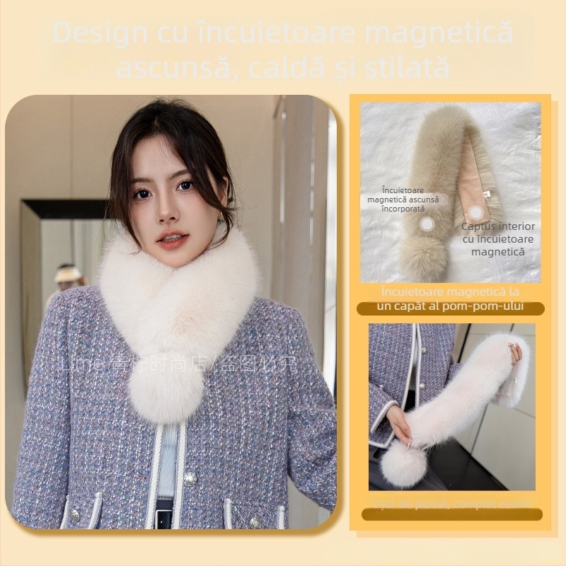 Fular din blană de vulpe pentru femei, închidere magnetică, guler din blană, imitatie de blană de iepure, stil coreean, lucrat manual