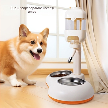 Distribuitor automat de apă pentru animale de companie cu boluri duble din oțel inoxidabil, antișoc, alimentare reglabilă