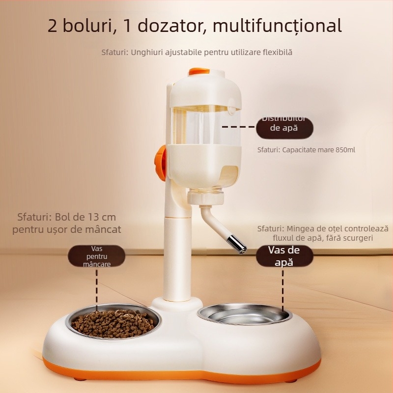 Distribuitor automat de apă pentru animale de companie cu boluri duble din oțel inoxidabil, antișoc, alimentare reglabilă