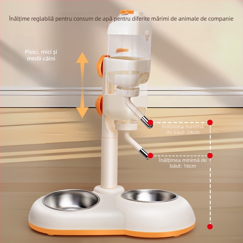 Distribuitor automat de apă pentru animale de companie cu boluri duble din oțel inoxidabil, antișoc, alimentare reglabilă