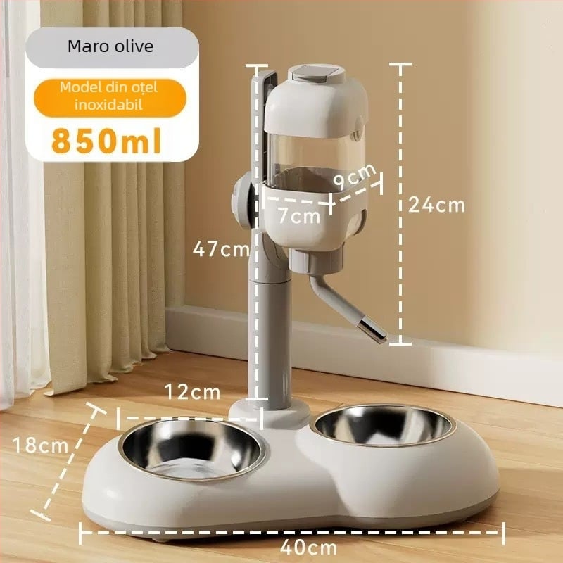 Distribuitor automat de apă pentru animale de companie cu boluri duble din oțel inoxidabil, antișoc, alimentare reglabilă