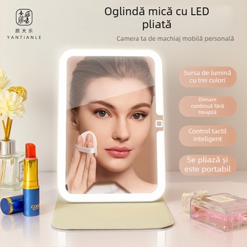 Oglindă de machiaj cu iluminare, portabilă, pliabilă, cadru ABS, suprafață reflectantă