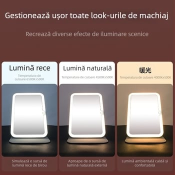 Oglindă de machiaj cu iluminare, portabilă, pliabilă, cadru ABS, suprafață reflectantă