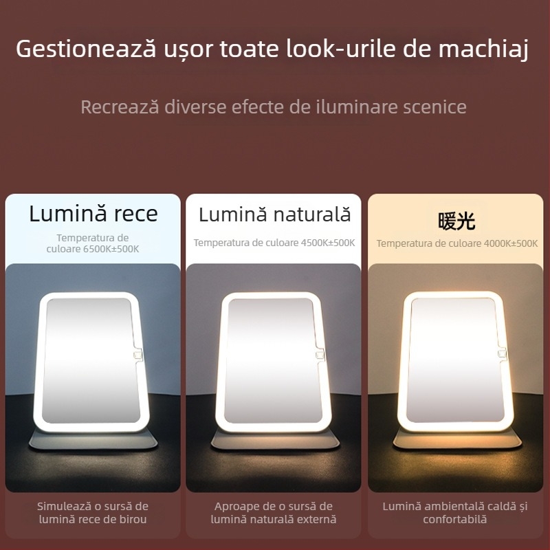 Oglindă de machiaj cu iluminare, portabilă, pliabilă, cadru ABS, suprafață reflectantă