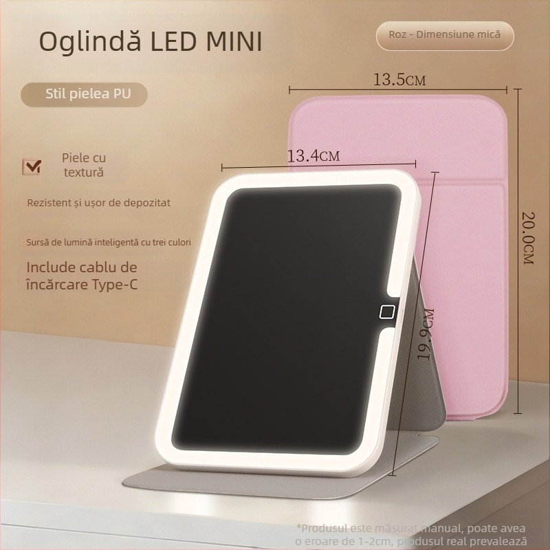 Oglindă de machiaj cu iluminare, portabilă, pliabilă, cadru ABS, suprafață reflectantă