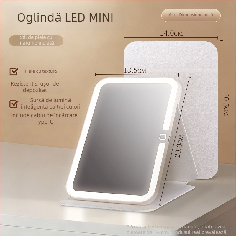 Oglindă de machiaj cu iluminare, portabilă, pliabilă, cadru ABS, suprafață reflectantă