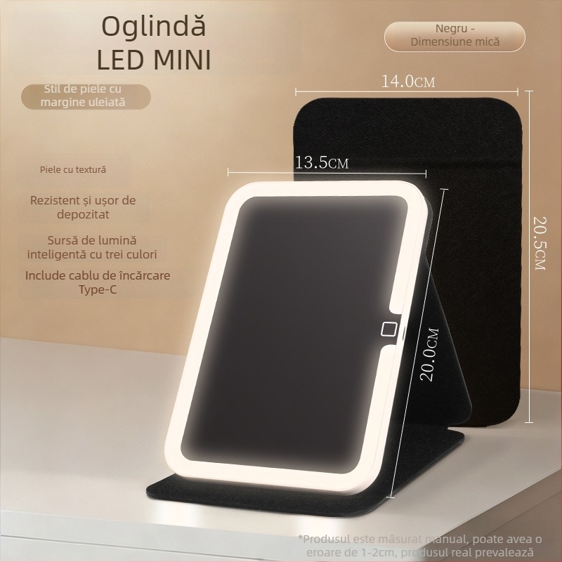 Oglindă de machiaj cu iluminare, portabilă, pliabilă, cadru ABS, suprafață reflectantă