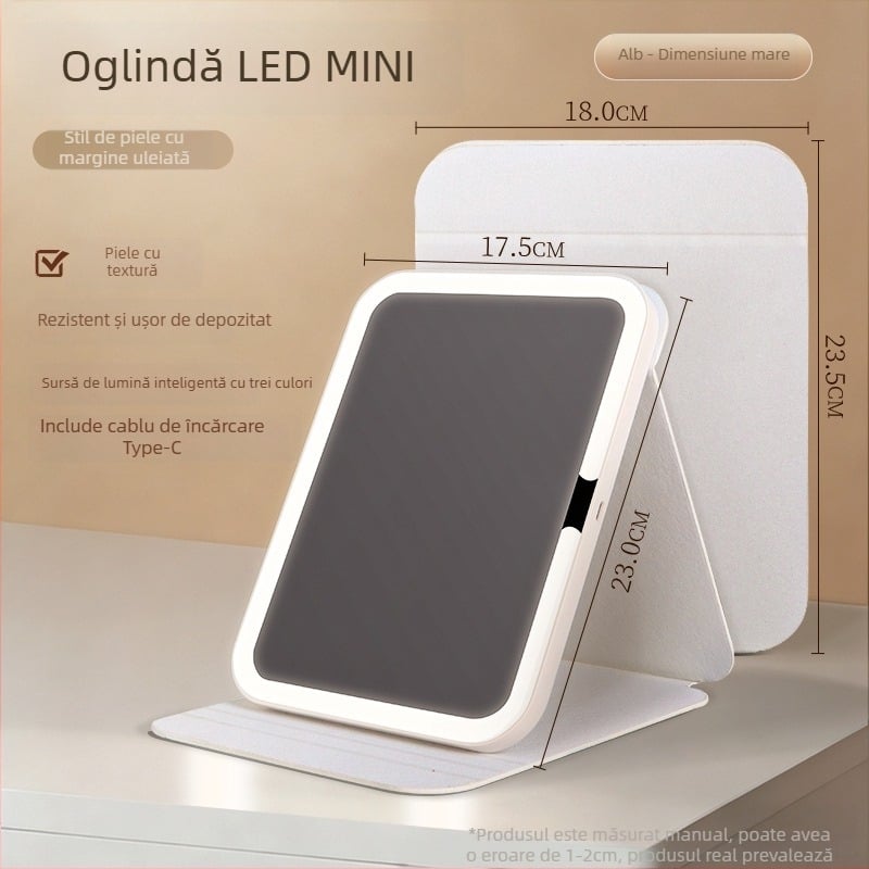 Oglindă de machiaj cu iluminare, portabilă, pliabilă, cadru ABS, suprafață reflectantă