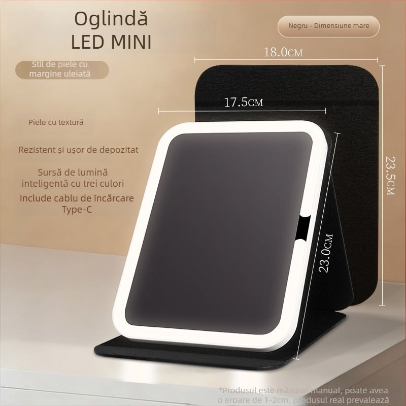 Oglindă de machiaj cu iluminare, portabilă, pliabilă, cadru ABS, suprafață reflectantă