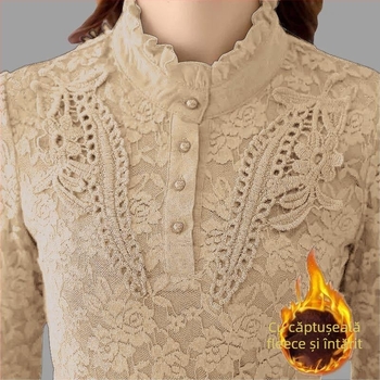 Top de bază pentru femei, cu fleece, dantelă și broderie, mâneci lungi, compoziție poliester-amoniu, model normal