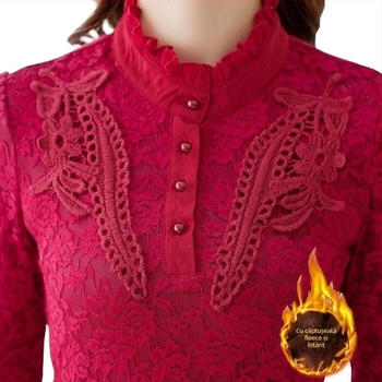 Top de bază pentru femei, cu fleece, dantelă și broderie, mâneci lungi, compoziție poliester-amoniu, model normal