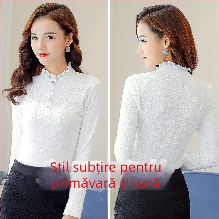 Top de bază pentru femei, cu fleece, dantelă și broderie, mâneci lungi, compoziție poliester-amoniu, model normal