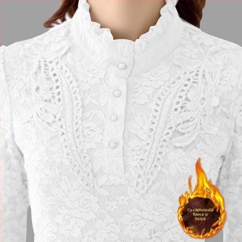 Top de bază pentru femei, cu fleece, dantelă și broderie, mâneci lungi, compoziție poliester-amoniu, model normal