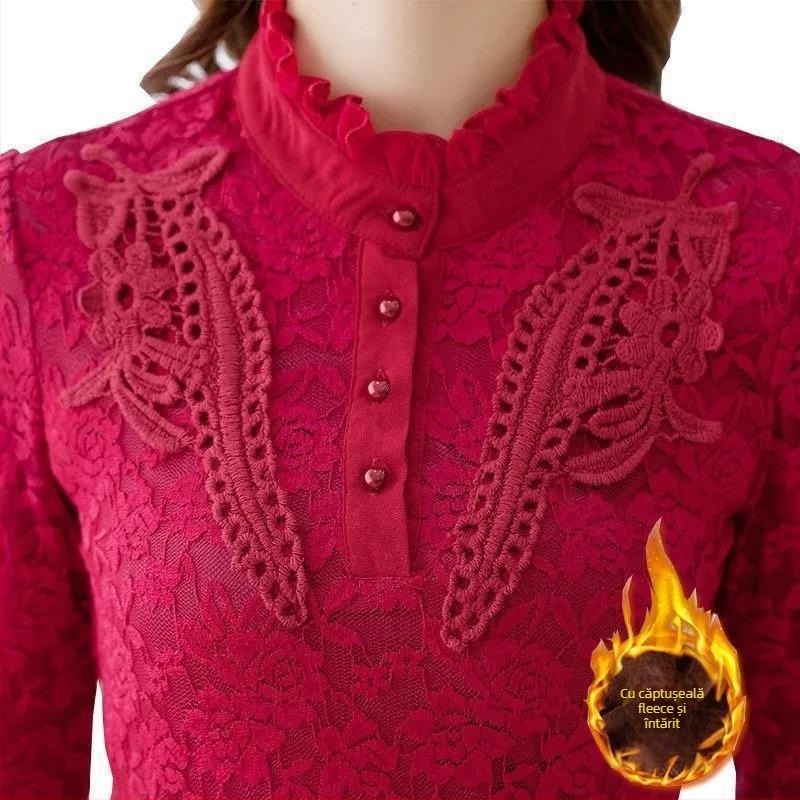 Top de bază pentru femei, cu fleece, dantelă și broderie, mâneci lungi, compoziție poliester-amoniu, model normal