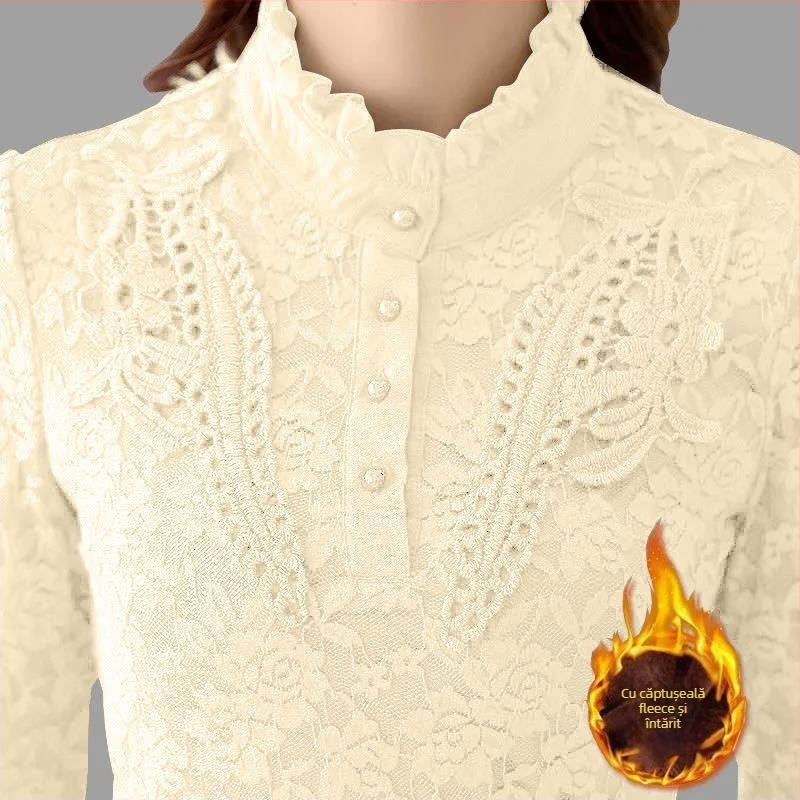 Top de bază pentru femei, cu fleece, dantelă și broderie, mâneci lungi, compoziție poliester-amoniu, model normal