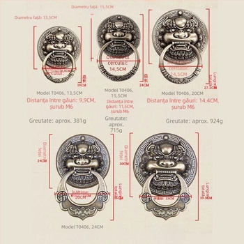 Mâner de ușă din alamă cu capete de animal – Leu, Tigru și Kirin; Stil nou chinezesc, Turnare Die-Casting, Montaj pe suprafață