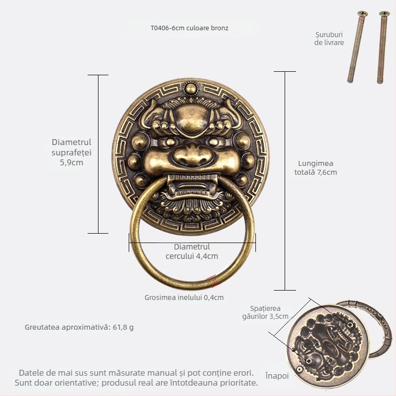 Mâner de ușă din alamă cu capete de animal – Leu, Tigru și Kirin; Stil nou chinezesc, Turnare Die-Casting, Montaj pe suprafață