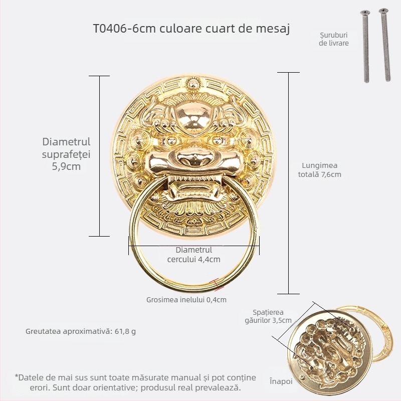 Mâner de ușă din alamă cu capete de animal – Leu, Tigru și Kirin; Stil nou chinezesc, Turnare Die-Casting, Montaj pe suprafață