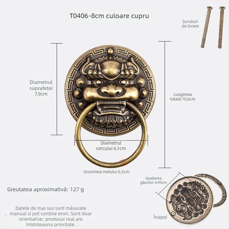 Mâner de ușă din alamă cu capete de animal – Leu, Tigru și Kirin; Stil nou chinezesc, Turnare Die-Casting, Montaj pe suprafață