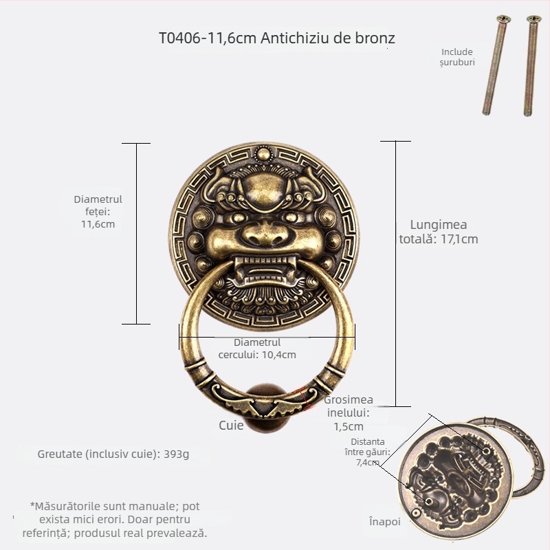 Mâner de ușă din alamă cu capete de animal – Leu, Tigru și Kirin; Stil nou chinezesc, Turnare Die-Casting, Montaj pe suprafață