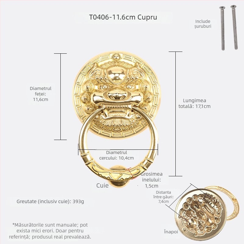 Mâner de ușă din alamă cu capete de animal – Leu, Tigru și Kirin; Stil nou chinezesc, Turnare Die-Casting, Montaj pe suprafață