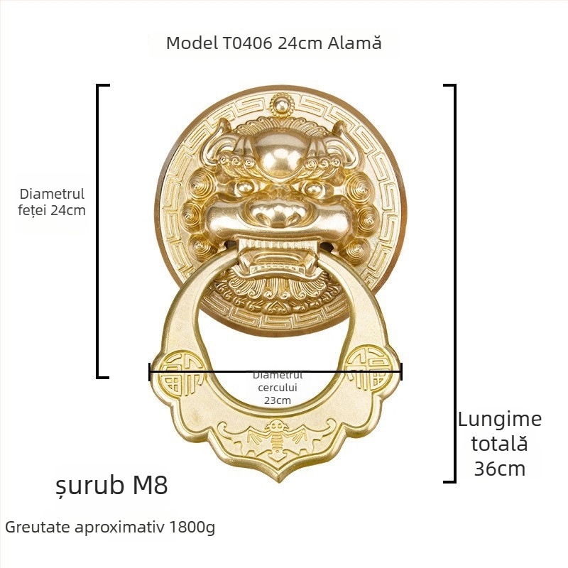 Mâner de ușă din alamă cu capete de animal – Leu, Tigru și Kirin; Stil nou chinezesc, Turnare Die-Casting, Montaj pe suprafață