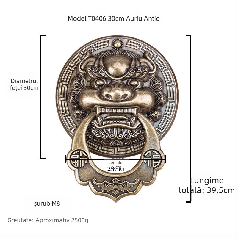 Mâner de ușă din alamă cu capete de animal – Leu, Tigru și Kirin; Stil nou chinezesc, Turnare Die-Casting, Montaj pe suprafață