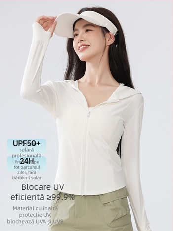 Jachetă de protecție solară UPF50+ pentru femei, Ice Silk, Slim Fit, mânecă lungă cu fermoar, 80-90% poliester