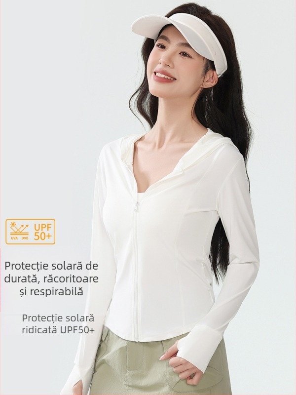 Jachetă de protecție solară UPF50+ pentru femei, Ice Silk, Slim Fit, mânecă lungă cu fermoar, 80-90% poliester