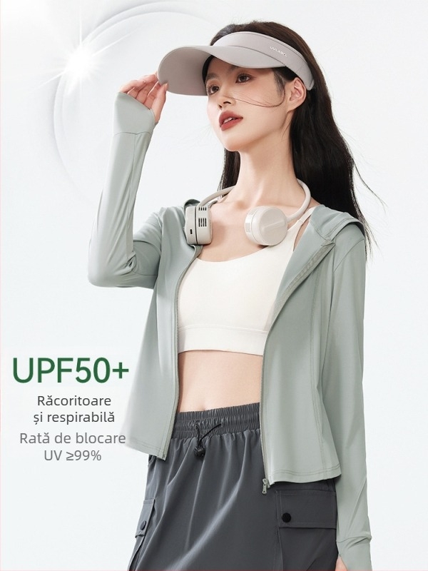 Jachetă de protecție solară UPF50+ pentru femei, Ice Silk, Slim Fit, mânecă lungă cu fermoar, 80-90% poliester